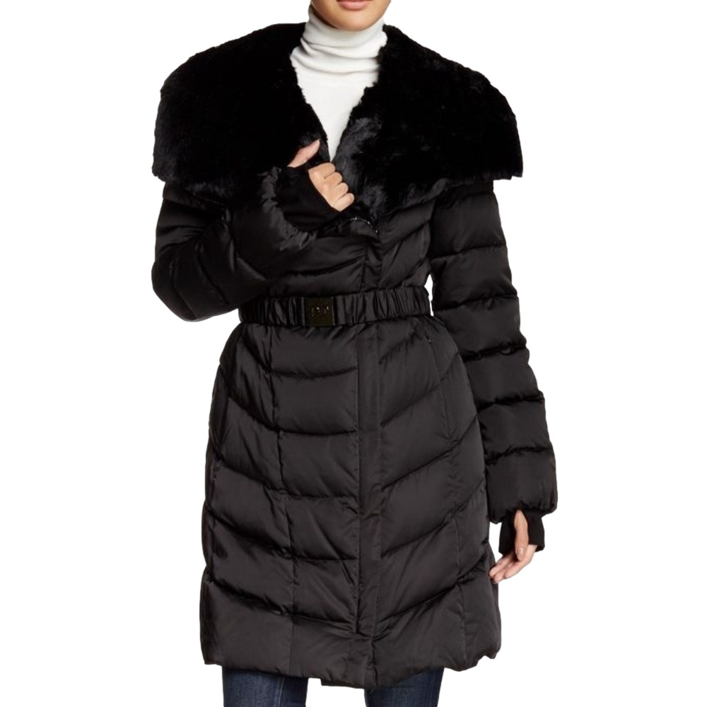 Diane Von Furstenberg Black Puffer Coat with Faux Fur Collar
